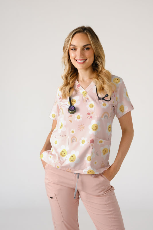 Pink Daisy Scrub Top