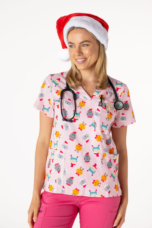 Xmas Bobble Cats Scrub Top