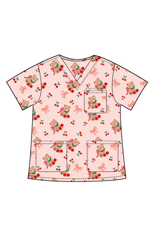 Cherry Cozy Bear Scrub Top