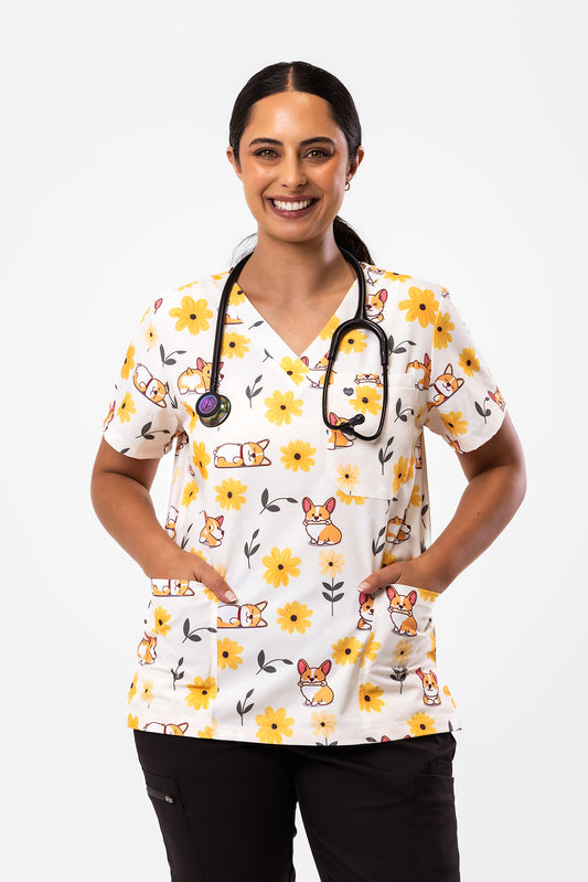 Sunshine Corgi Scrub Top