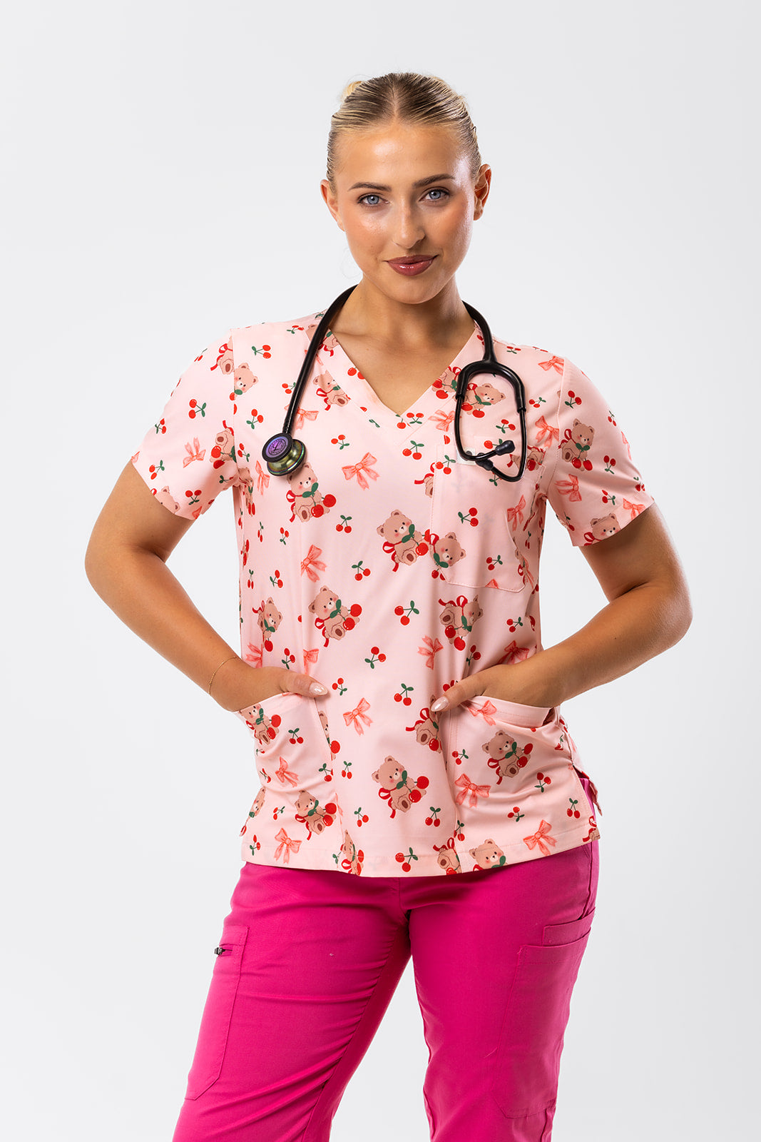 Cherry Cozy Bear Scrub Top