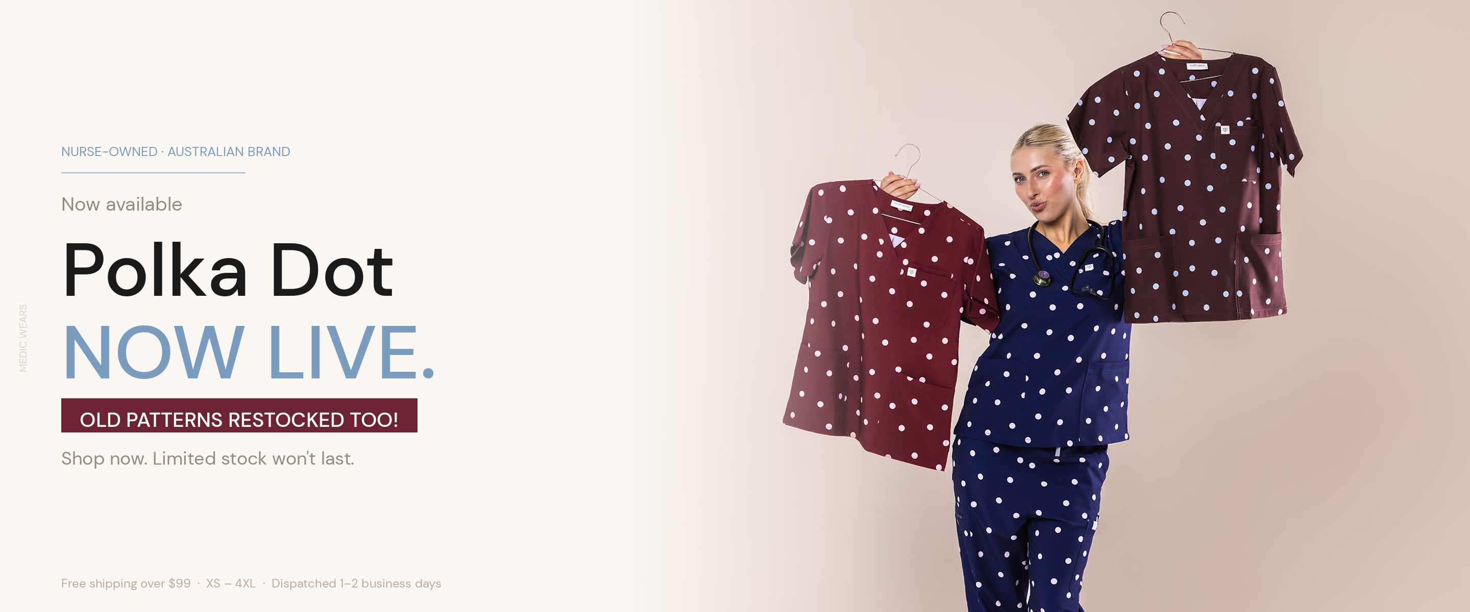 A woman models a navy blue and burgundy polka dot pajama set while holding up matching pajama shirts on hangers against a light beige background. Promotional text on the left reads 'Polka Dot NOW LIVE.